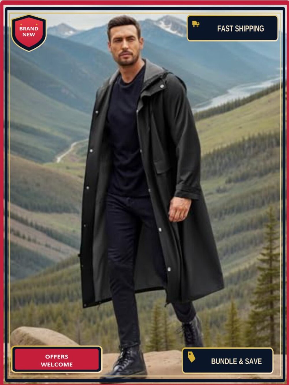 Men's Long Waterproof Raincoat Hooded Trench Jacket Nylon Polyester Windbreaker - Picture 2 of 6